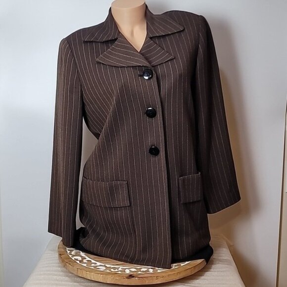 Christian Dior Brown Pinstripe Blazer Jacket Womens Size 12 Classic Tailored Loo - Picture 4 of 15